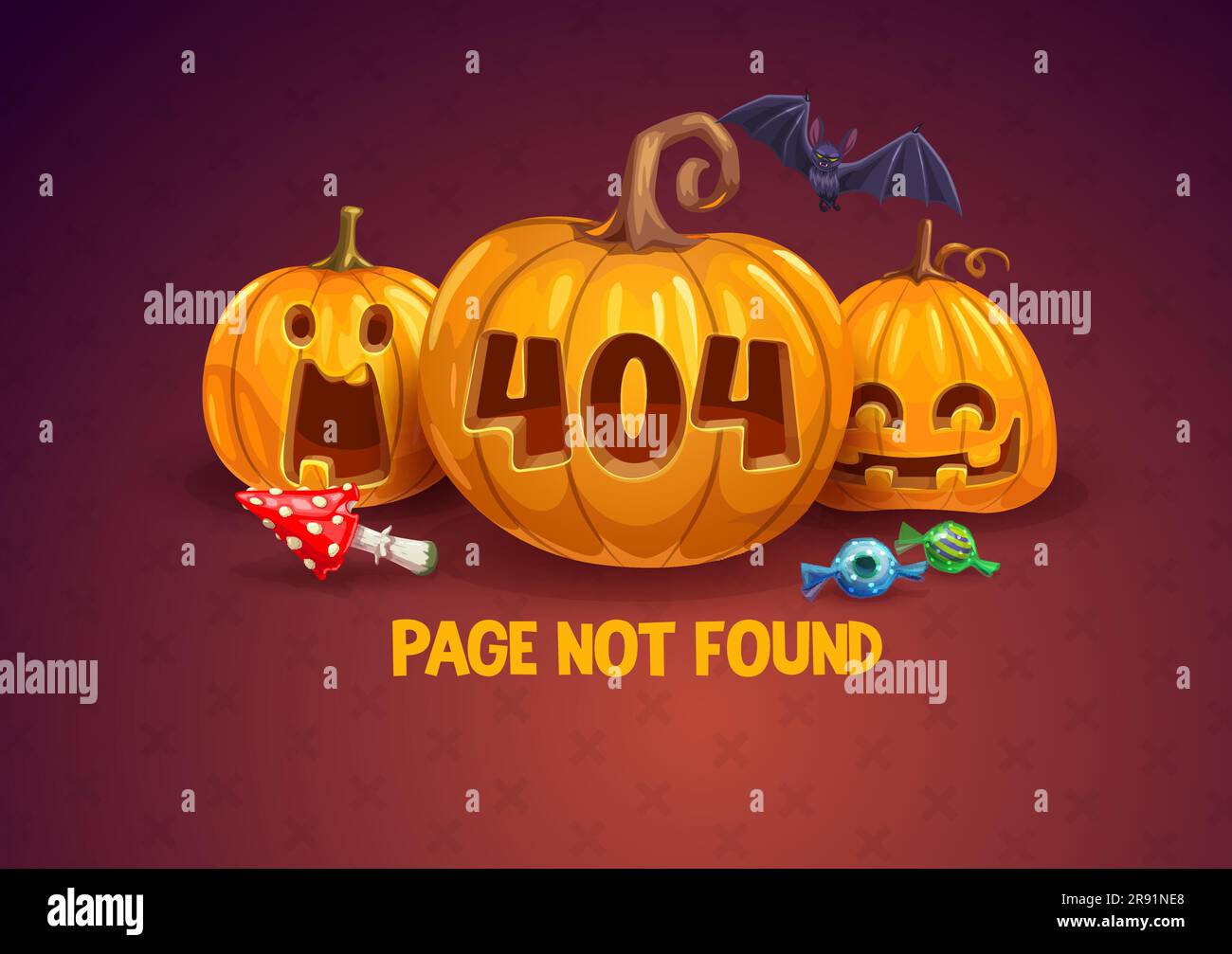 Page 404 halloween, dessin animé vectoriel d'erreur de site Web ou connexion Internet cassée avec des citrouilles riantes comiques, des bonbons, des champignons amanita et des chauves-souris volantes. Page introuvable ou erreur de programme Illustration de Vecteur