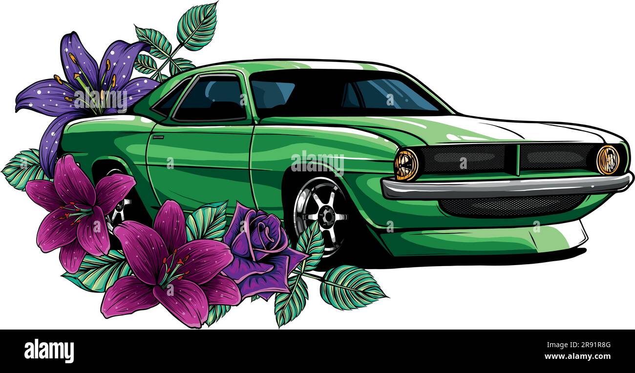 illustration vectorielle d'une voiture de muscle avec décoration de fleur Illustration de Vecteur