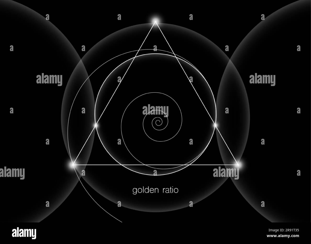 Cercles entrelacés, triangles et spirales hipster géométrie sacrée illustration avec rapport d'or, fibonacci spirale. Vecteur ligne blanche isolé sur bl Illustration de Vecteur