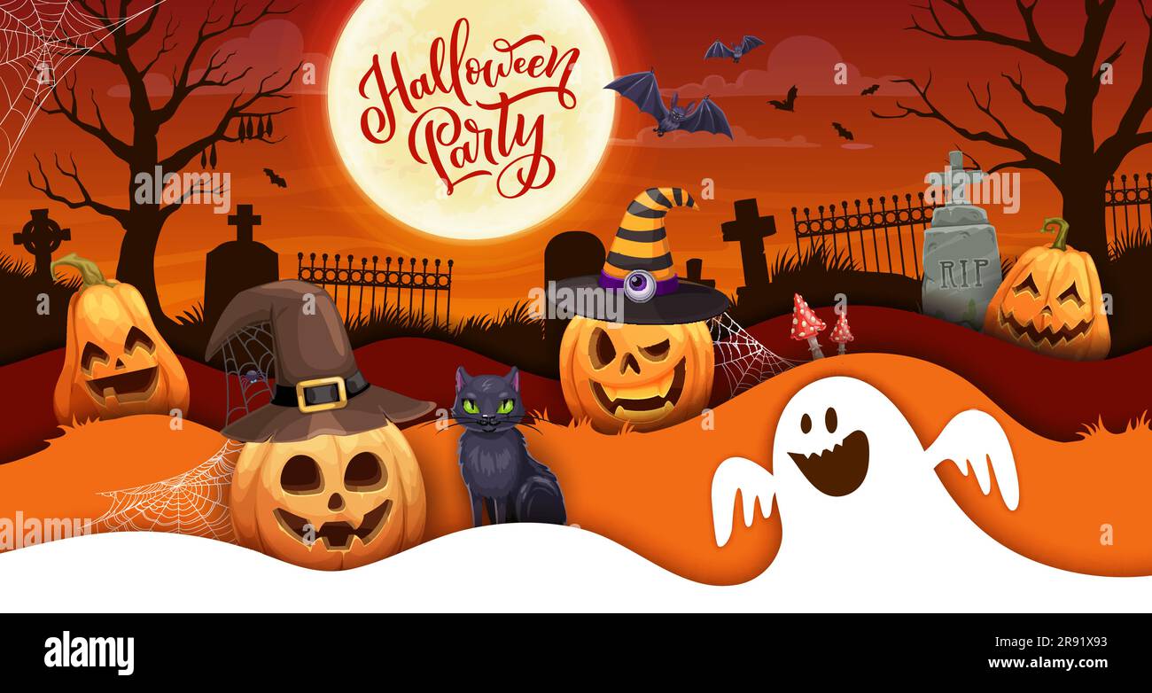 Bannière de papier coupé Halloween avec fantôme de bande dessinée et citrouilles sur le paysage de cimetière. Conception de carte de voeux vectorielle avec cadre papier effet 3d, cimetière de nuit avec tombes, chat noir, amanita et chauves-souris Illustration de Vecteur
