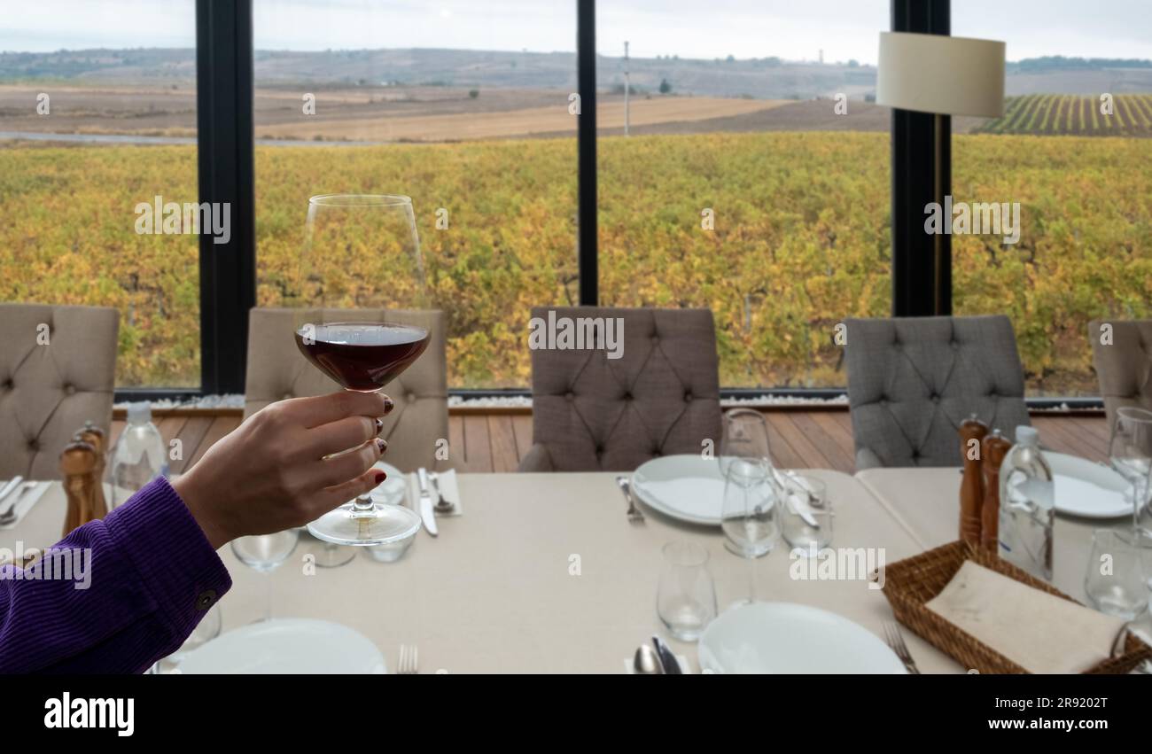 Un adulte adulte adulte peut prendre un verre de vin rouge tout en étant assis à une table à manger formelle Banque D'Images