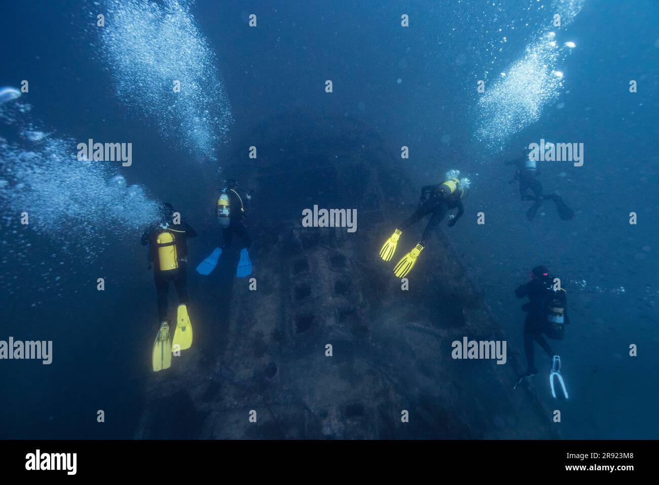 Amis plongée sous-marine et examen de bateau submergé El Naranjito sous-marin Banque D'Images