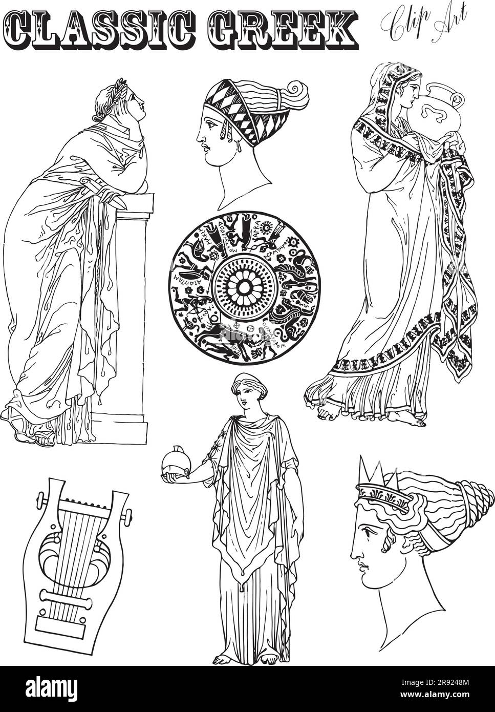 Dessins au trait noir et blanc de motifs grecs classiques. Illustration de Vecteur