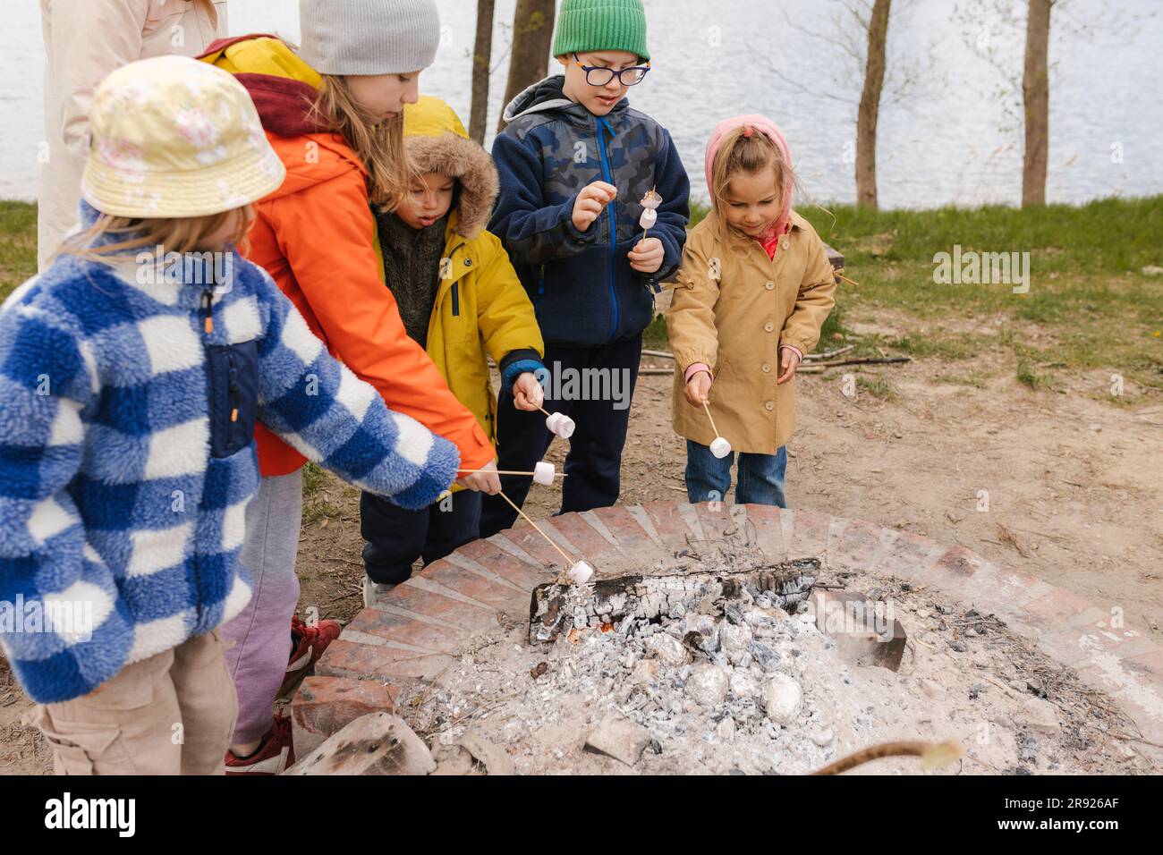 Les enfants rôtisent des guimauves au feu Banque D'Images