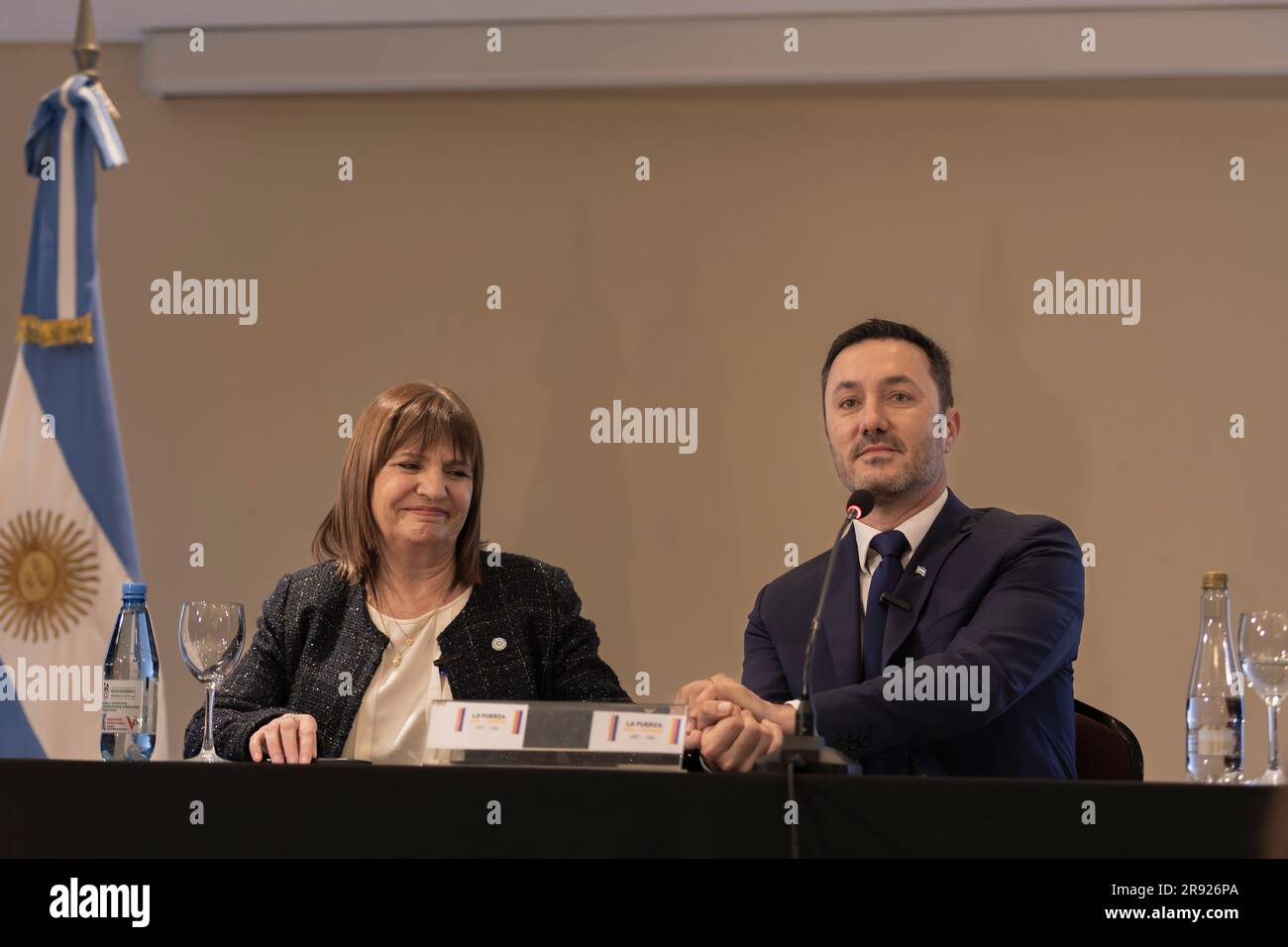 Buenos Aires, Argentine. 23rd juin 2023. La pré-candidate à la présidence Patricia Bullrich a présenté son billet présidentiel « la Fuerza del Cambio » (la Force pour le changement), ainsi que Luis Petri comme pré-candidate à la vice-présidente. (Crédit : Esteban Osorio/Alay Live News) Banque D'Images