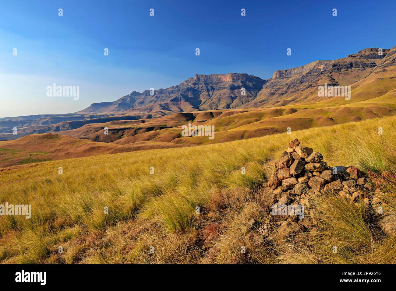 Vue panoramique sur les montagnes par beau temps, KwaZulu-Natal, Drakensberg, Afrique du Sud Banque D'Images