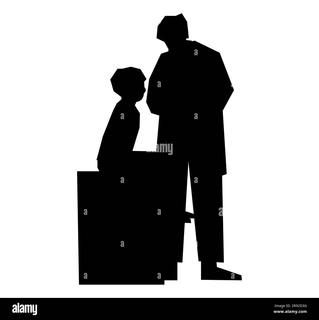Silhouette noire d'un médecin masculin debout juste à côté d'un patient garçon, un homme debout à côté d'un jeune garçon assis, vecteur isolé sur fond blanc Illustration de Vecteur
