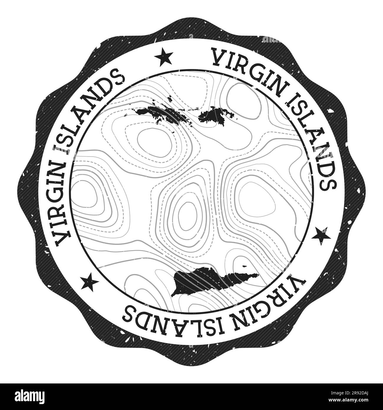 Timbre extérieur des îles Vierges. Autocollant rond avec carte de l'île avec isolines topographiques. Illustration vectorielle. Illustration de Vecteur
