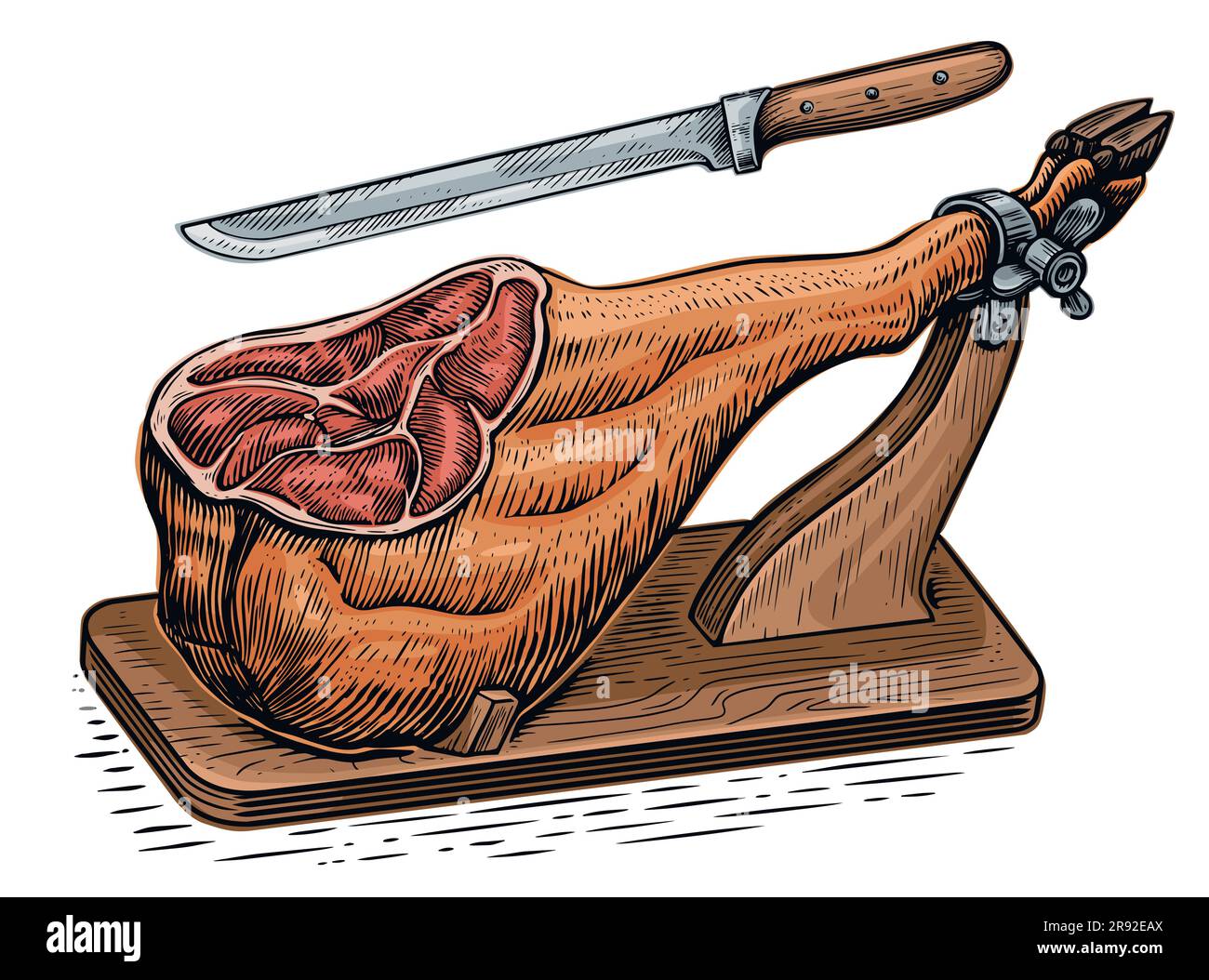 Jambons sur support en bois. Viande sèche, nourriture de ferme. Illustration vectorielle Illustration de Vecteur
