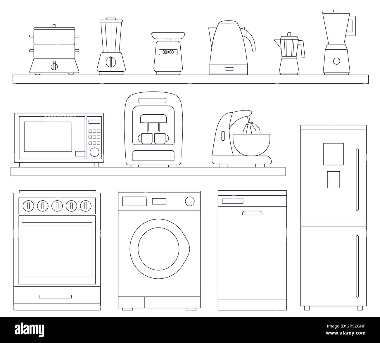 Icônes de la gamme d'appareils ménagers définies. Illustration vectorielle fine isolée sur fond blanc. Illustration de Vecteur