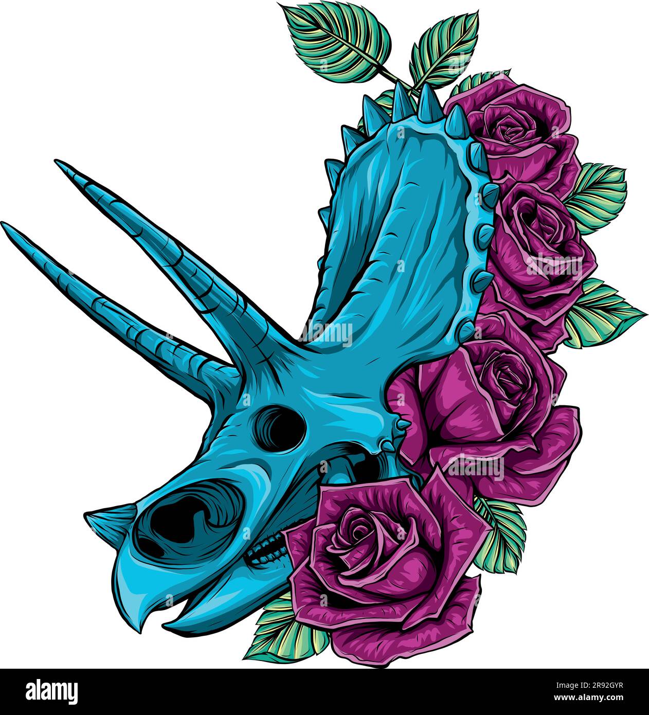 Crâne de Triceratops avec rose sur fond blanc Illustration de Vecteur