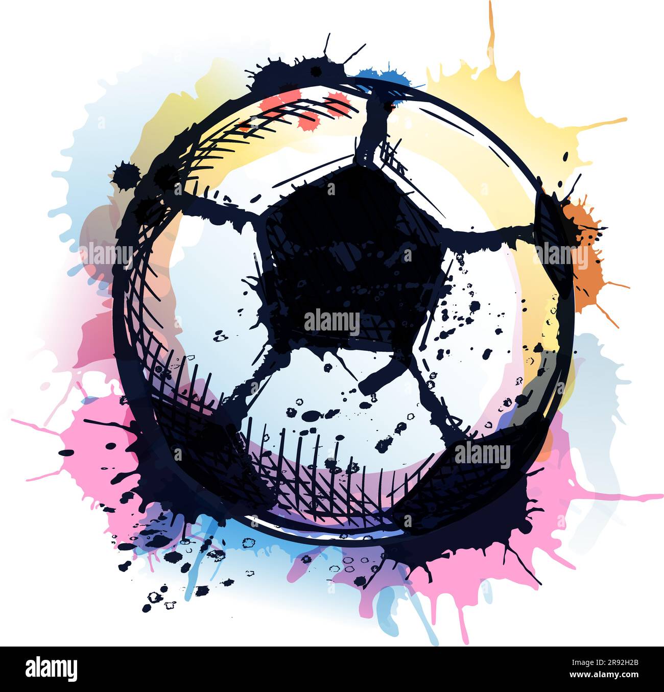 Ballon de football sur fond d'eau coloré. Illustration d'esquisse vectorielle dessinée à la main. Concept de championnat de football. Sports Illustration de Vecteur