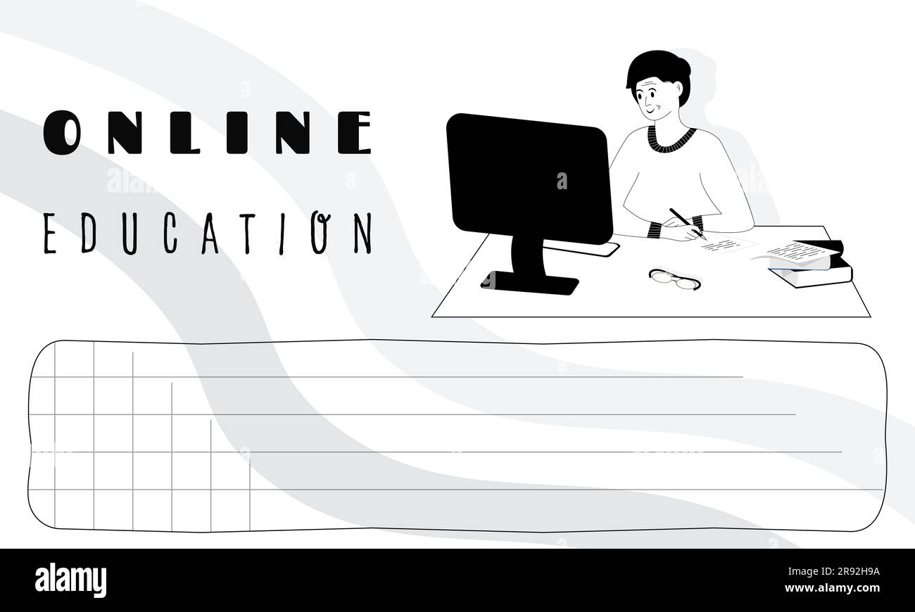 Femme âgée assise au bureau et regardant la bannière d'éducation en ligne d'ordinateur travail en ligne et concept d'éducation en ligne Contour incolore vecteur Illustreti Illustration de Vecteur