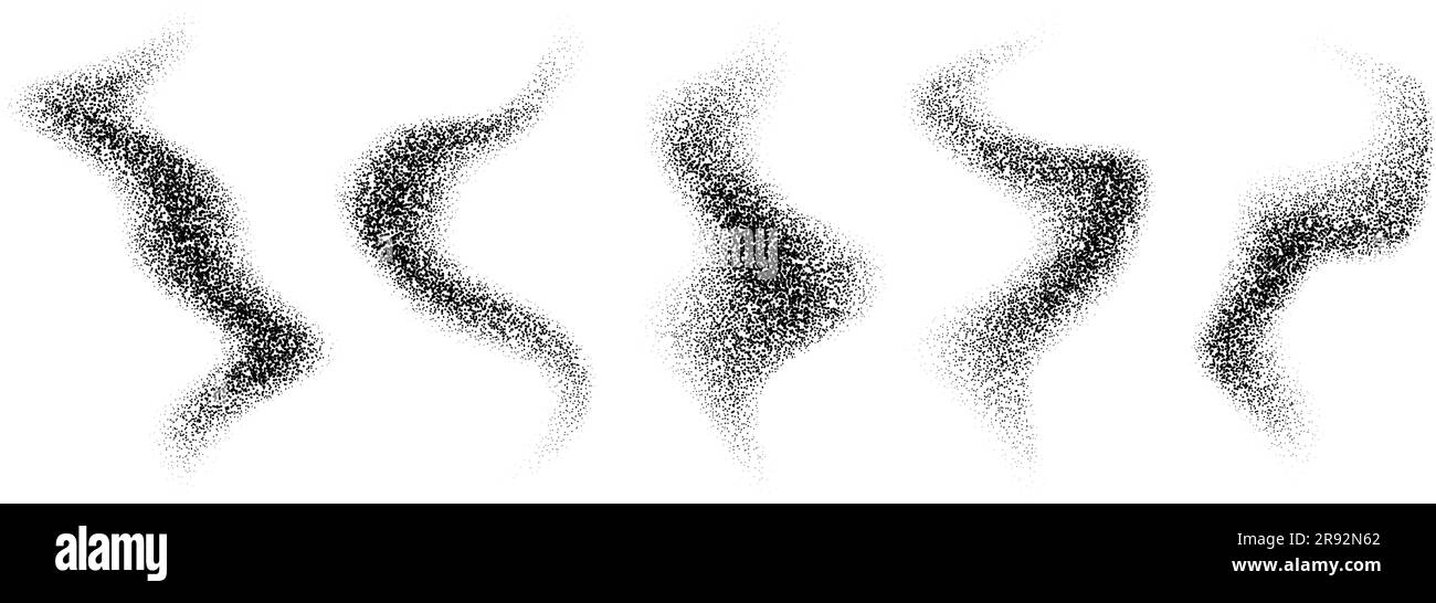 Jeu de formes ondulées texturées. Fumée noire à grain crépi ou paquet de vapeur. Collection de brouillard de bruit en pointillés. Faisceau d'ondes de gradient lisses et grisantes. Éléments de conception gratineux et sable. Illustration vectorielle. Illustration de Vecteur