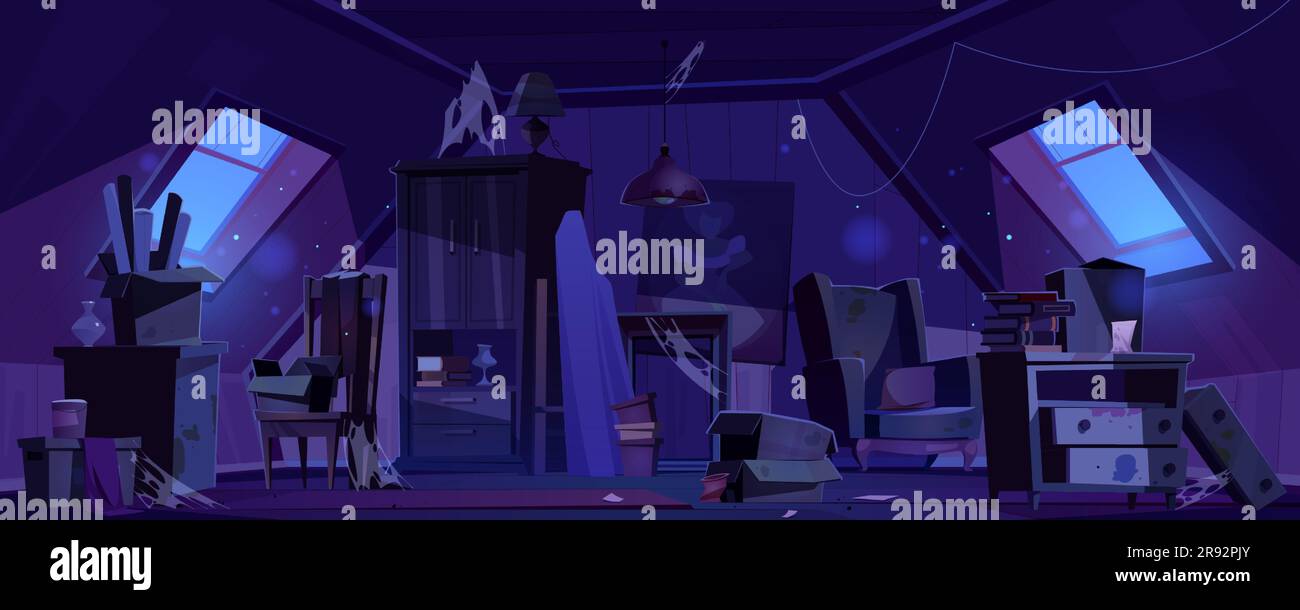 Ancienne maison de grenier abandonnée chambre à l'intérieur de nuit caricature Halloween arrière-plan. Garret cassé et effrayant à l'intérieur avec le faisceau de lumière de lune de la fenêtre. Loft sale avec de la poussière, des taches sur le fauteuil et les tiroirs Illustration de Vecteur