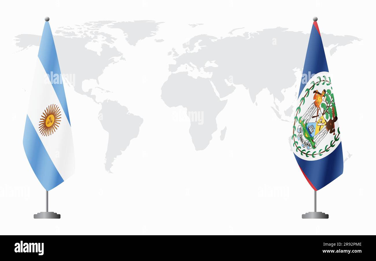 Drapeaux de l'Argentine et du Belize pour une réunion officielle sur fond de carte du monde. Illustration de Vecteur