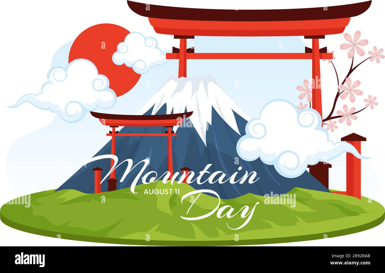 Journée de montagne au Japon Illustration vectorielle sur 11 août avec fond de fleurs du Mont Fuji et Sakura en dessin animé à la main Illustration de Vecteur