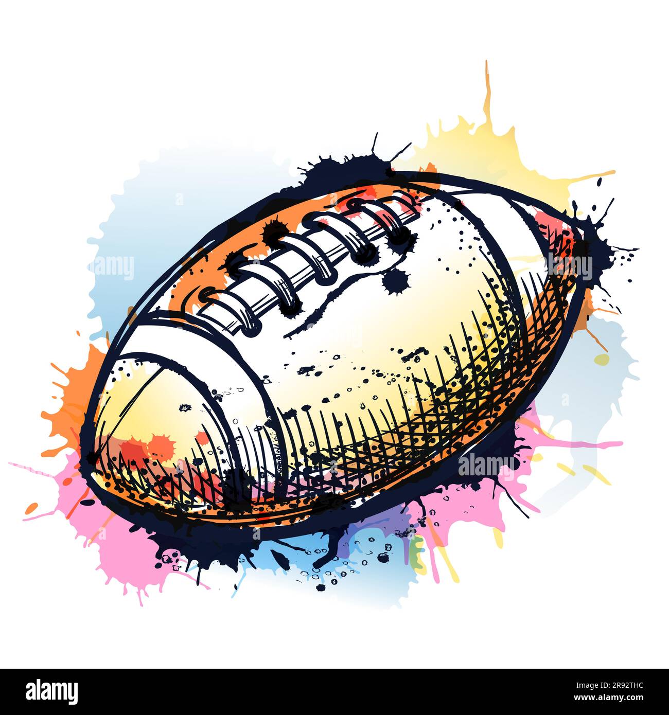 Ballon de football américain sur fond d'eau coloré. Illustration d'esquisse vectorielle dessinée à la main. Championnat de football conce Illustration de Vecteur
