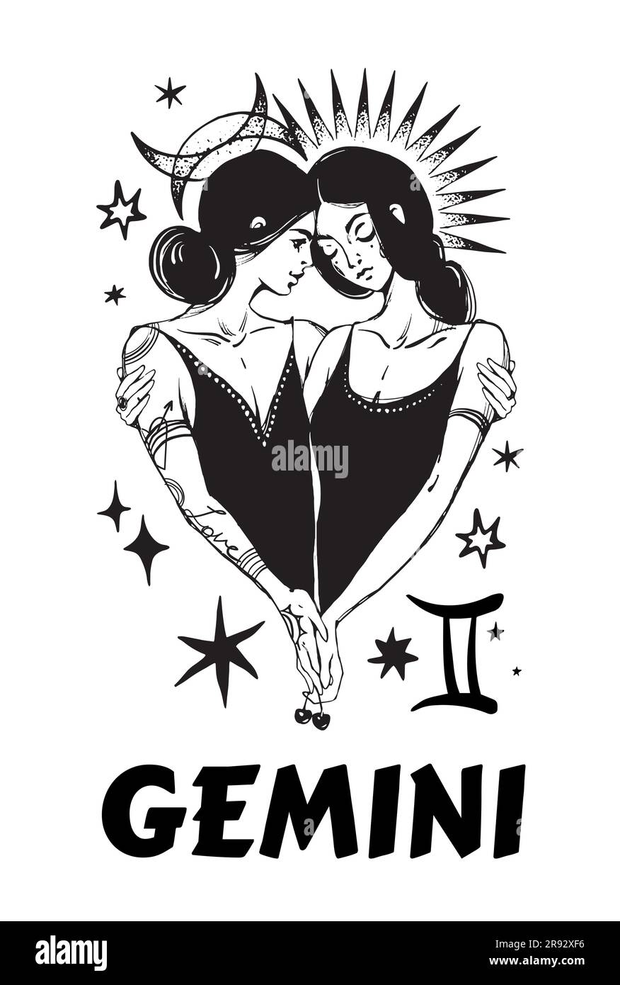 Gémeaux signe zodiaque gravure mystique, tatouage moderne, carte d'astrologie, calendrier horoscope. Deux filles embrassant, sorcières avec des symboles mystiques de soleil et de Mo Illustration de Vecteur