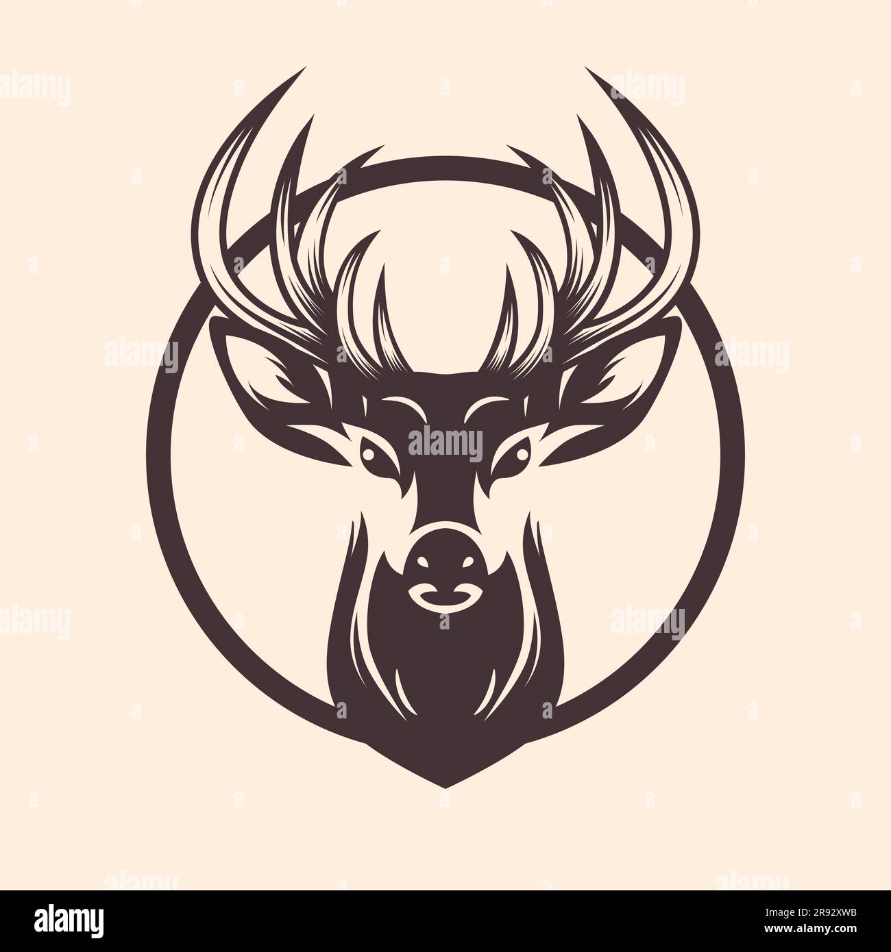 Tête de cerf Vector avec cornes, Antlers. Portrait noir et blanc de renne dessiné à la main avec contour, vue de face. Modèle de conception pour la faune, les chasseurs Illustration de Vecteur