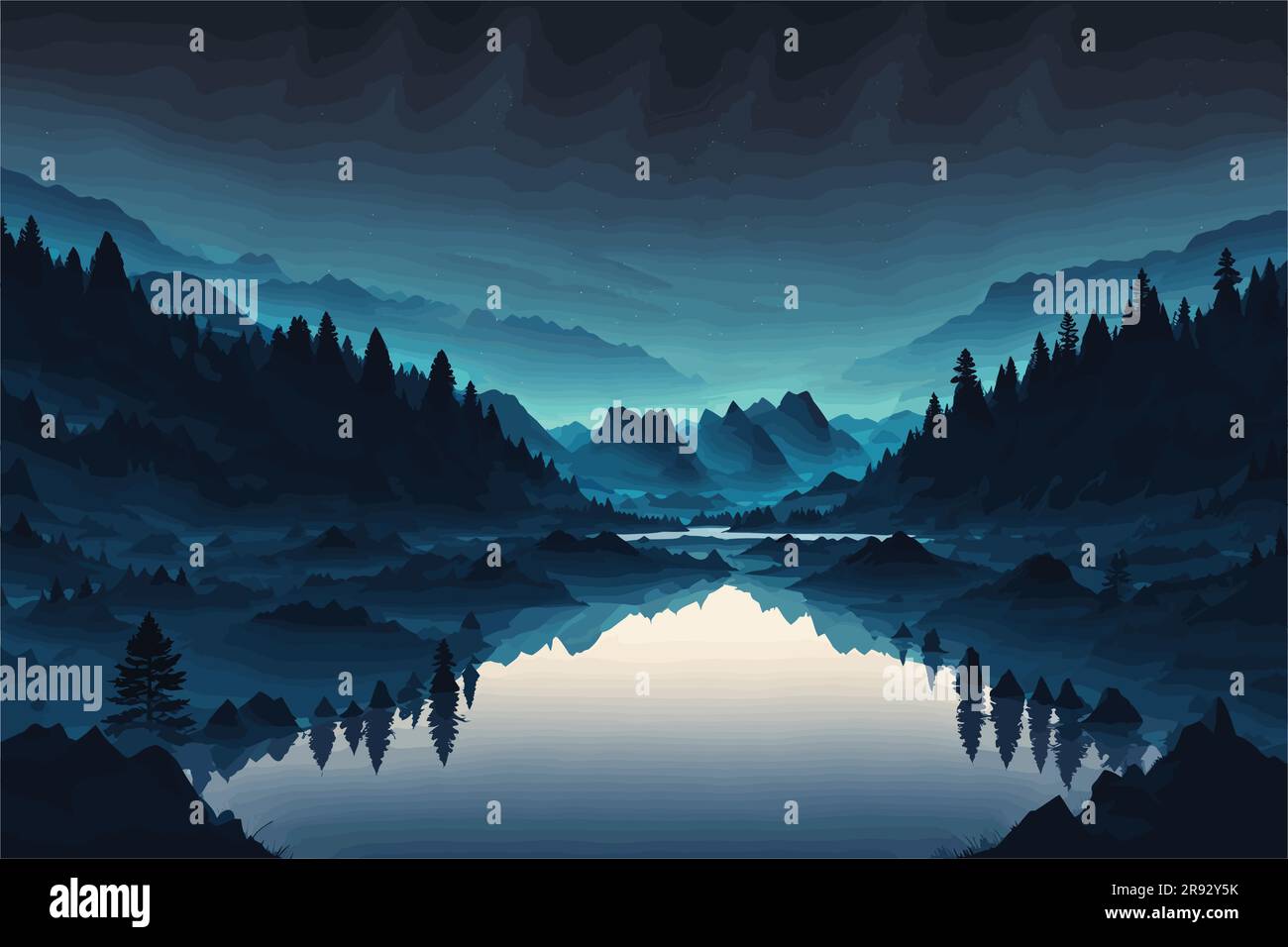 Illustration vectorielle d'Une scène nocturne pleine de tranquillité dans la nature, comme un lac serein entouré de montagnes sous un ciel étoilé. et silhouettes de Illustration de Vecteur