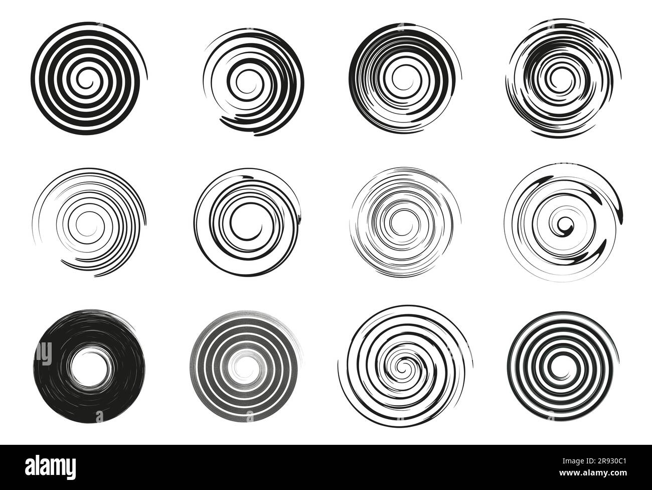 Ensemble de lignes en spirale noires de tailles différentes. Art géométrique Éléments de conception pour le cadre, le logo, le tatouage et les pages Web. Illustration vectorielle abstraite. Isolé Illustration de Vecteur