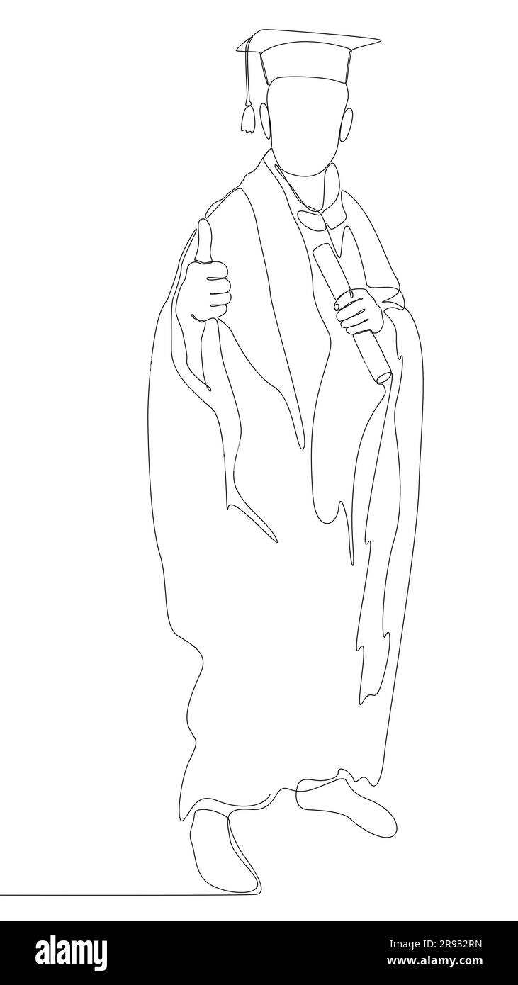 Une ligne continue d'étudiants de l'université célébrant l'événement de remise des diplômes portant l'uniforme avec Mortarboard. Concept de vecteur d'illustration à trait fin. Illustration de Vecteur