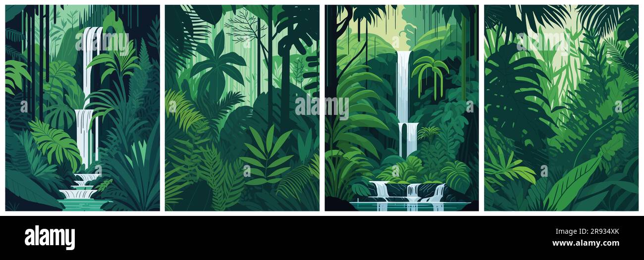 fond vectoriel de forêt, jungle avec cascade pour la couverture de la nature pour bannière, affiche Illustration de Vecteur