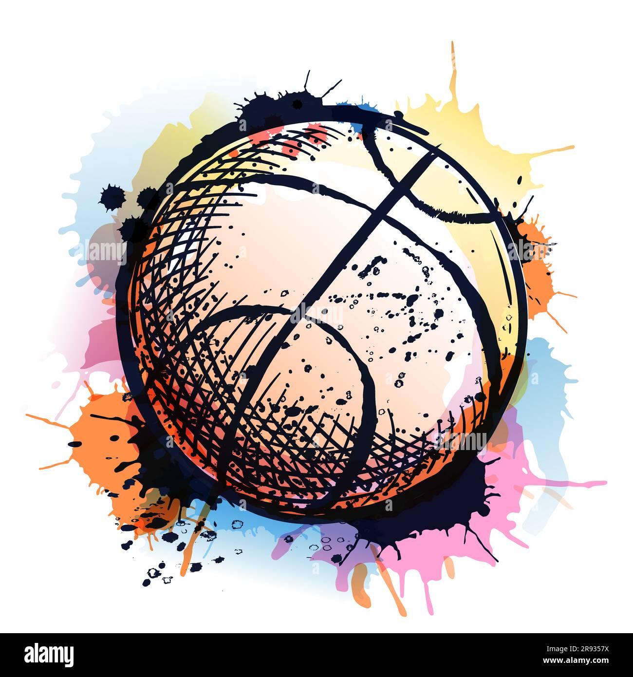 Ballon de basket-ball sur fond d'eau coloré. Illustration d'esquisse vectorielle dessinée à la main. Concept de championnat de compétition. Imprimé sport Illustration de Vecteur