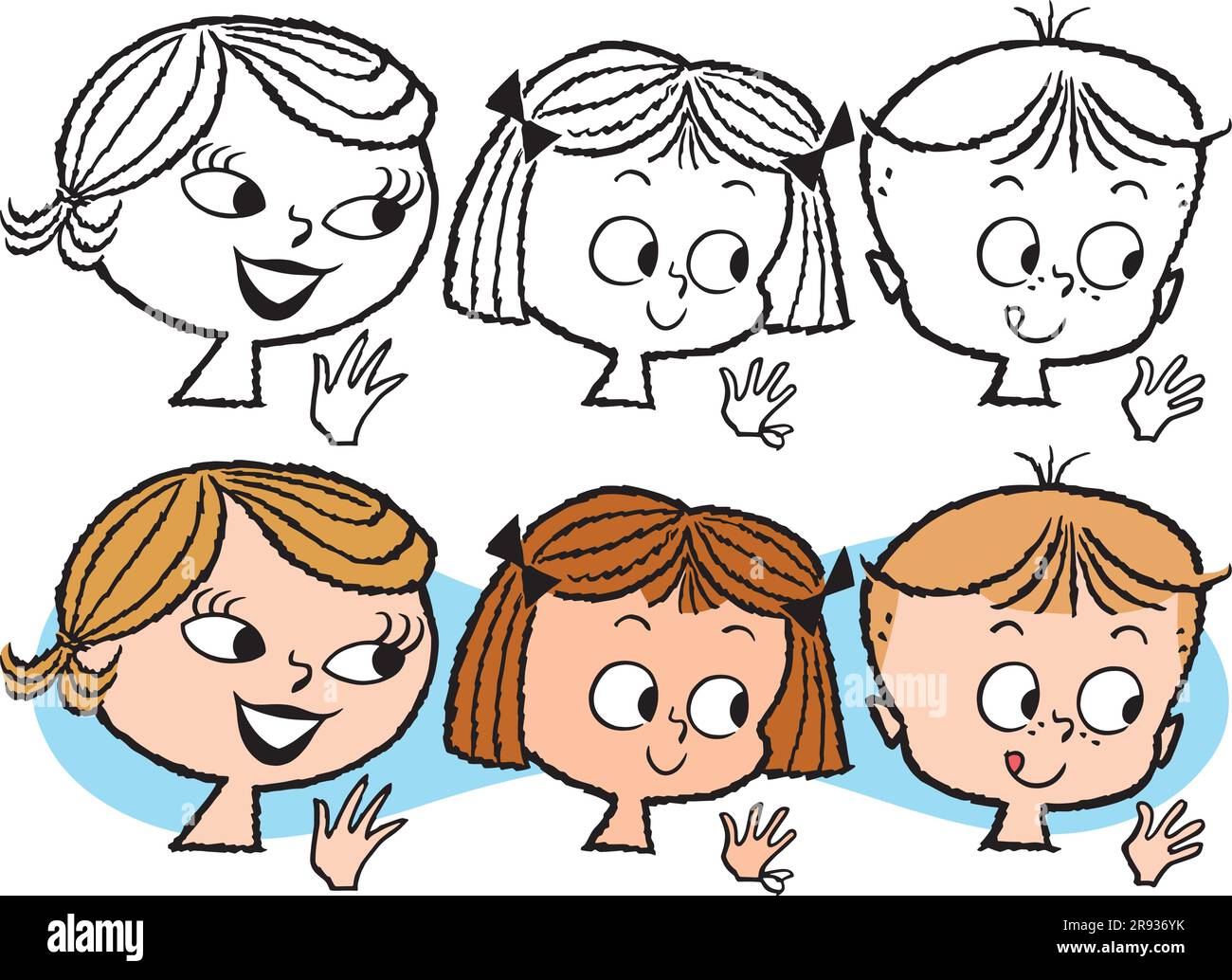 Un dessin animé rétro vintage des têtes d'une mère et de ses deux enfants. Illustration de Vecteur