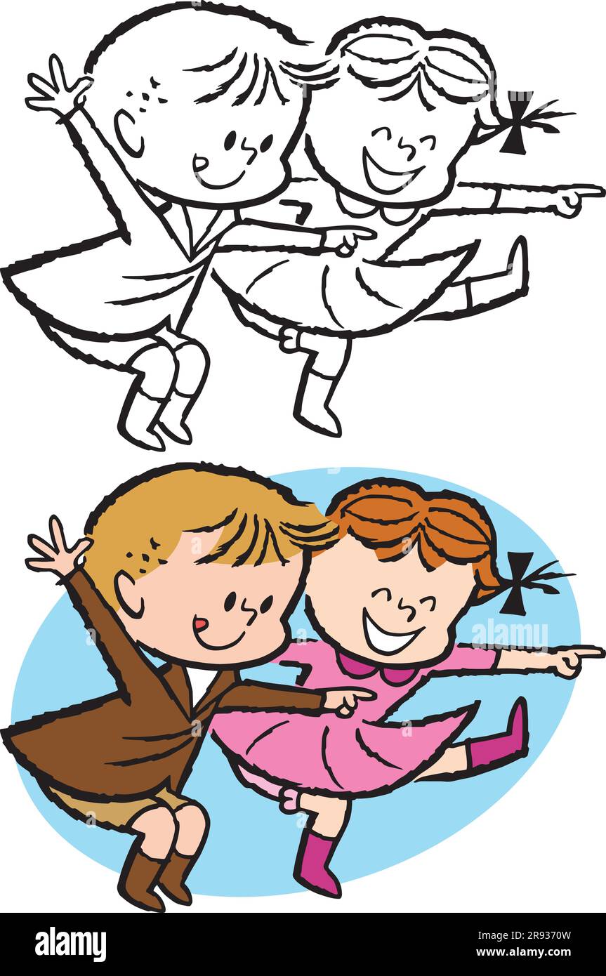 Un dessin animé rétro vintage d'une paire de jeunes enfants sautant et jouant. Illustration de Vecteur