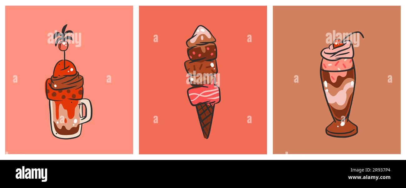 Dessin à la main vecteur abstrait bande dessinée glace creram cône, sundae ligne art jeu d'illustrations .crème glacée dessert vecteur illustration concept. Sué Illustration de Vecteur