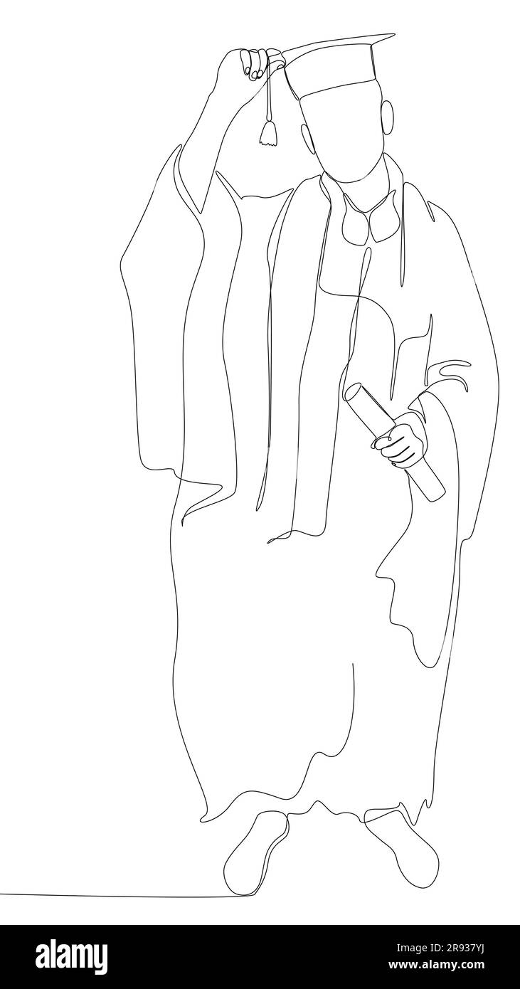 Une ligne continue d'étudiants de l'université célébrant l'événement de remise des diplômes portant l'uniforme avec Mortarboard. Concept de vecteur d'illustration à trait fin. Illustration de Vecteur