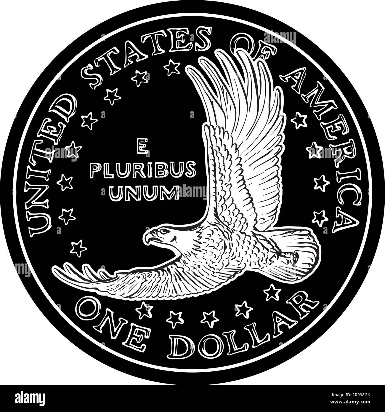 Pièce de monnaie en dollar noir et blanc avec l'image de l'aigle volant et des étoiles Illustration de Vecteur