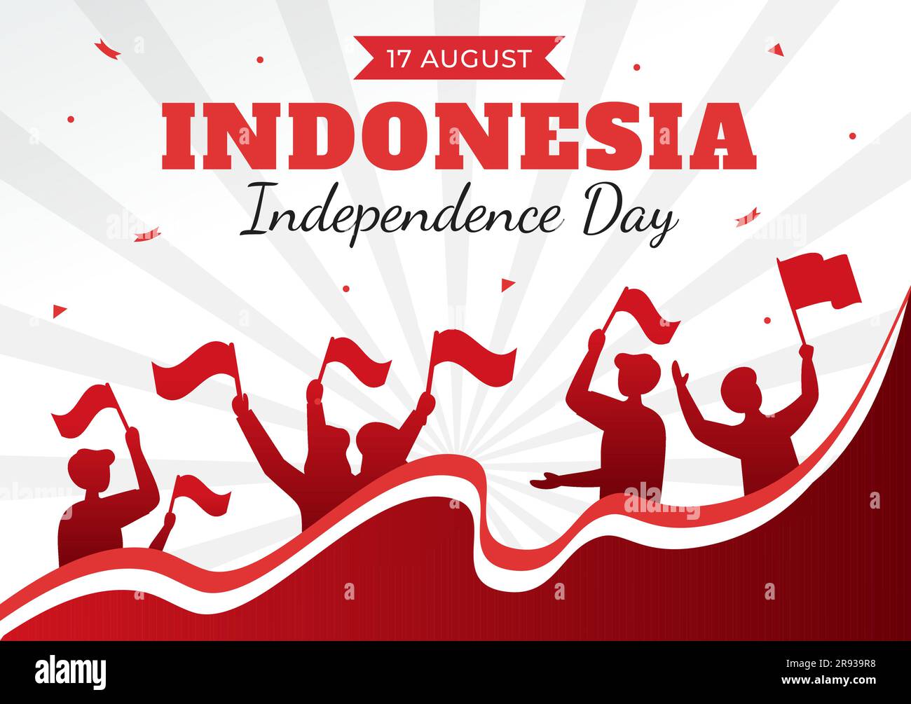 Illustration du vecteur du jour de l'indépendance de l'Indonésie le 17 août avec drapeau indonésien levant le rouge et le blanc dans des modèles dessinés à la main de dessin animé à la main Illustration de Vecteur