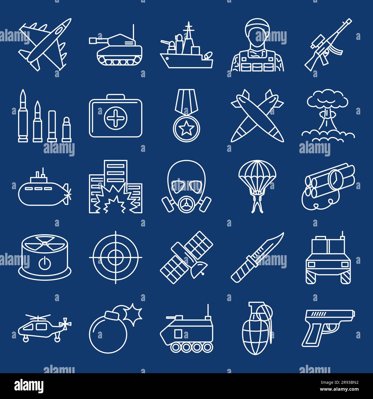 Jeu d'icônes de ligne d'armes militaires. Symboles de guerre et d'armée. Illustration vectorielle. Illustration de Vecteur