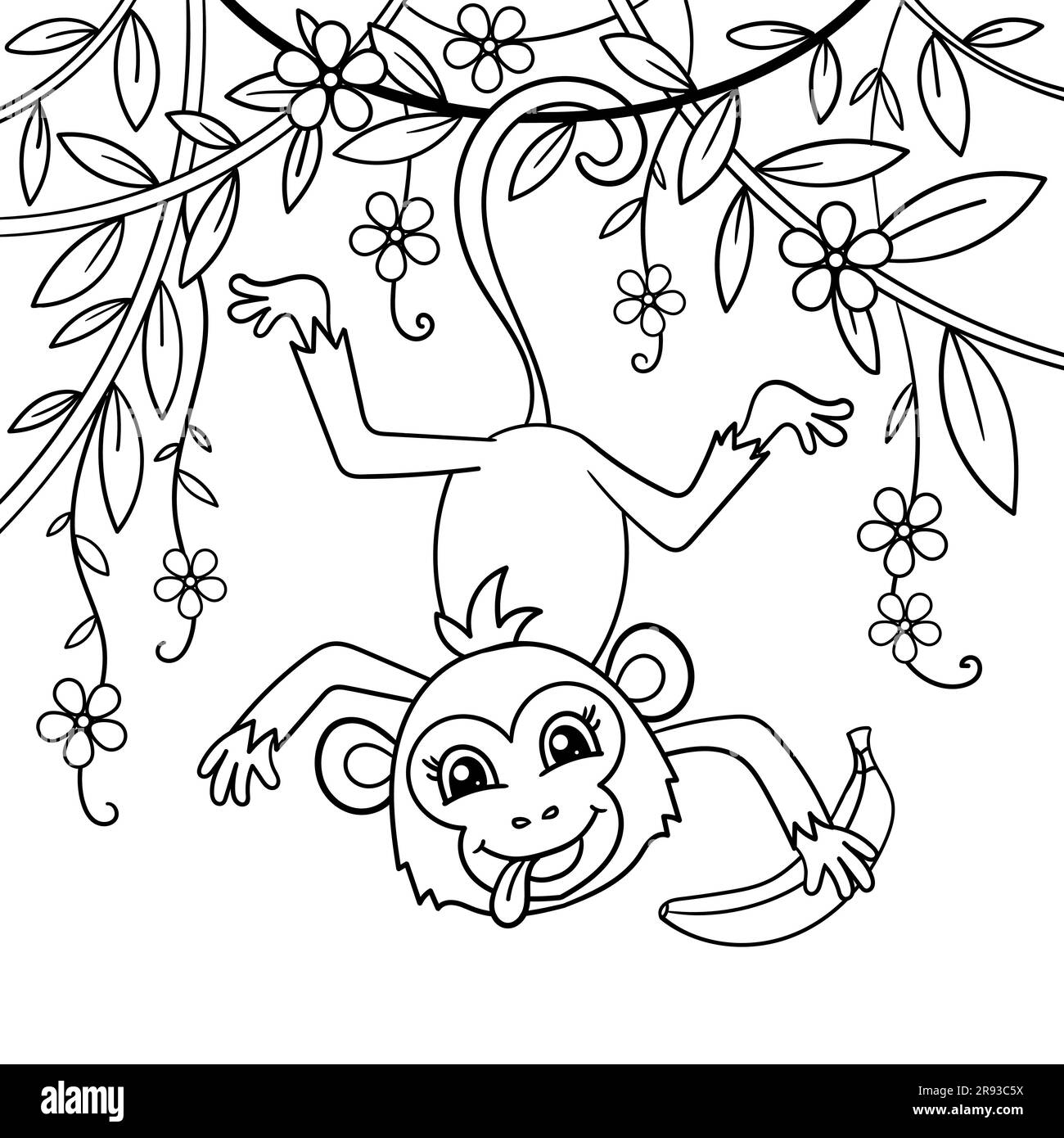 Un singe drôle de dessin animé est accroché à une branche avec une banane. Dessin linéaire noir et blanc. Pour la conception de livres de coloriage pour enfants, des imprimés, des affiches, des posters Illustration de Vecteur