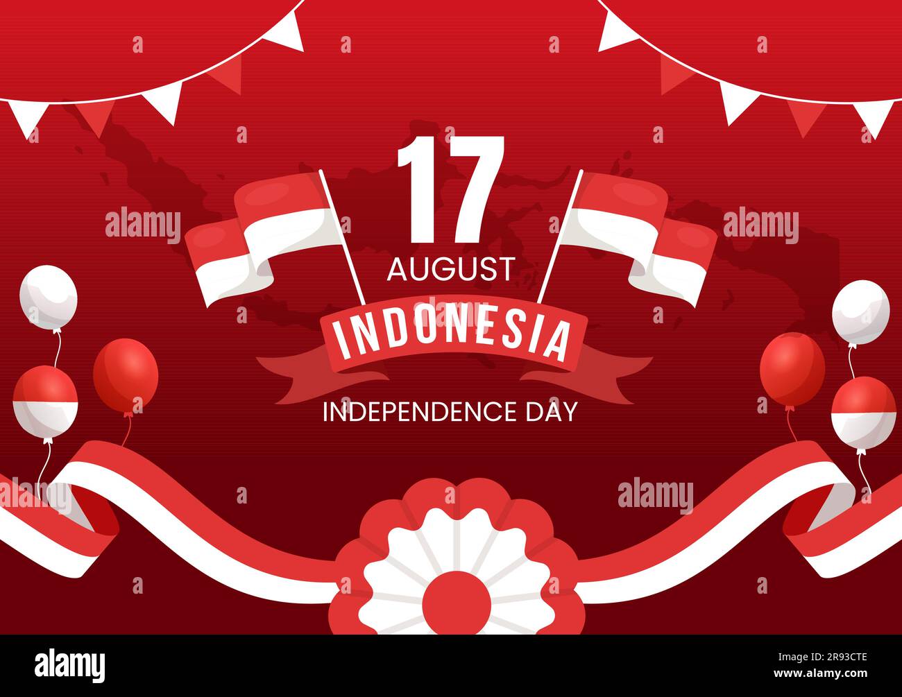 Illustration du vecteur du jour de l'indépendance de l'Indonésie le 17 août avec drapeau indonésien levant le rouge et le blanc dans des modèles dessinés à la main de dessin animé à la main Illustration de Vecteur