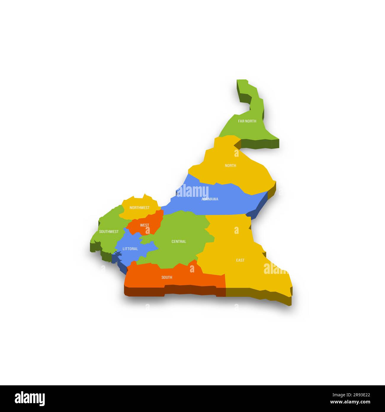 Cameroun carte politique des divisions administratives - régions. Carte vectorielle 3D colorée avec noms de province de pays et ombre portée. Illustration de Vecteur