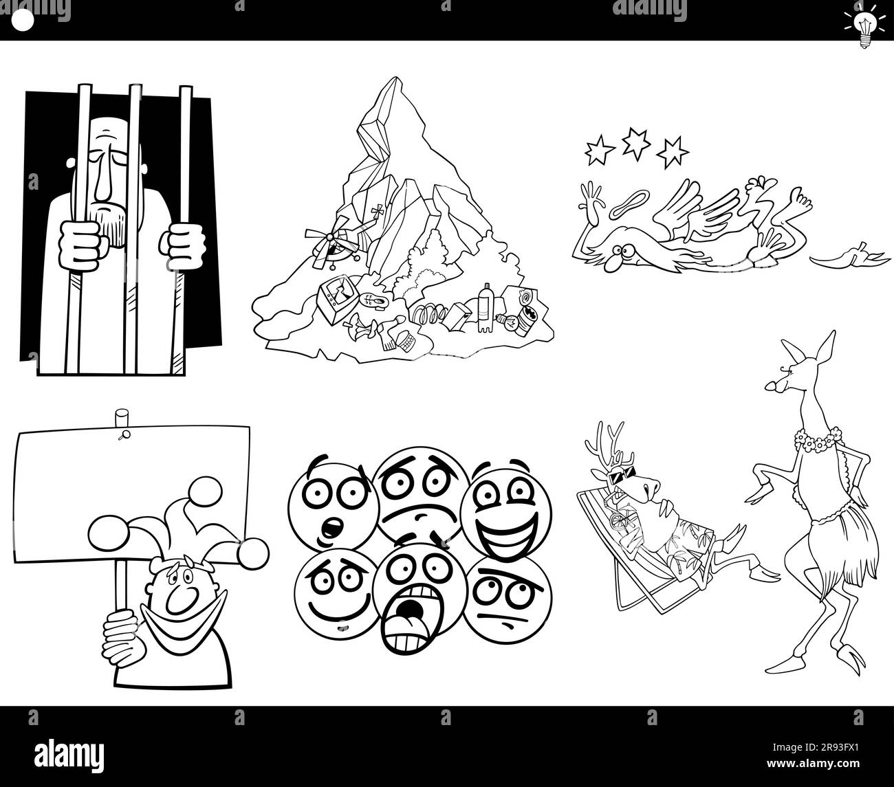 Ensemble d'illustrations de concepts de dessins humoristiques ou de métaphores ou de paroles avec des personnages de bande dessinée Illustration de Vecteur