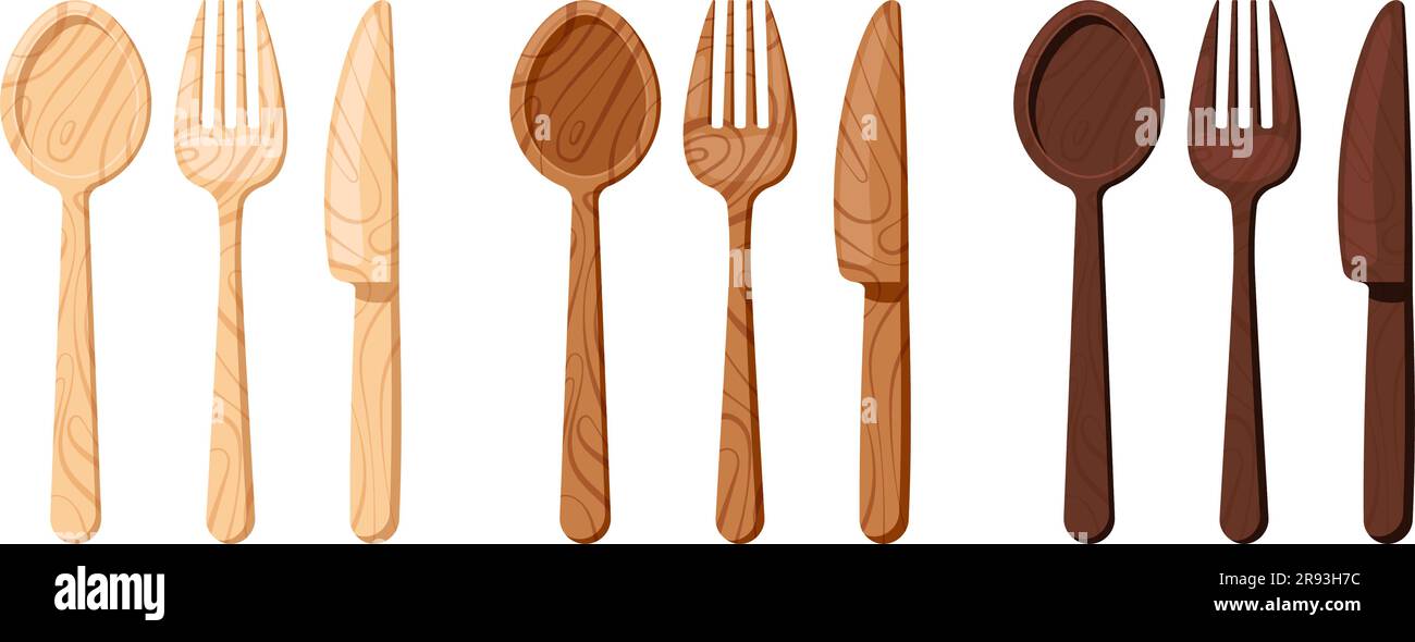 Couverts en bois - cuillère à fourchette et couteau plat Icon Set isolé sur fond blanc. Vue du dessus vaisselle en bois de différentes couleurs - cuillère, fourchette, couteau. Illustration de Vecteur