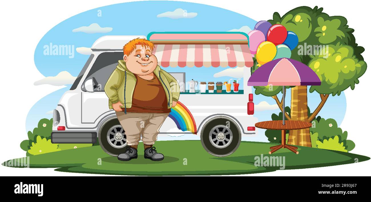 Un homme en surpoids se trouve devant l'illustration du chariot à café Illustration de Vecteur