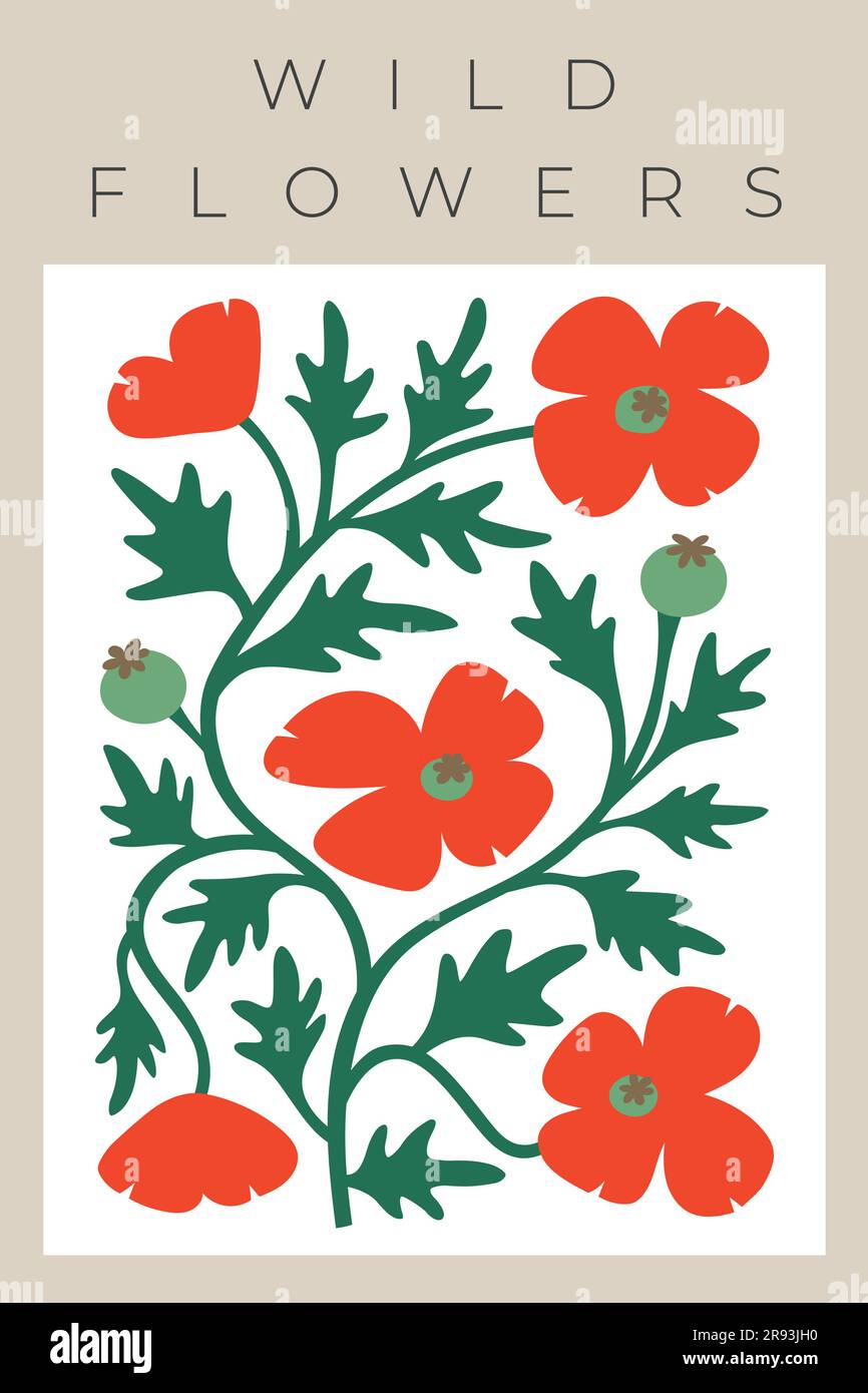 Imprimé mural vectoriel vintage avec fleurs, coquelicots, boîtes, feuilles, formes abstraites. Usine à vagues lumineuses pour timbre, bannière, carte, affiche. Illustration de Vecteur