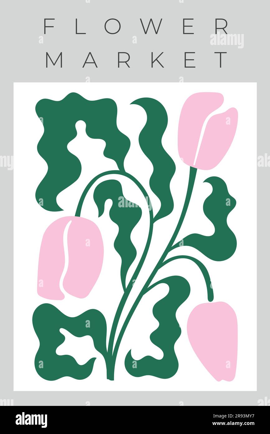 Imprimé mural vectoriel vintage avec fleurs, tulipes, feuilles ondulées, formes abstraites. Forme végétale simple pour timbre, bannière, carte, affiche. Illustration de Vecteur