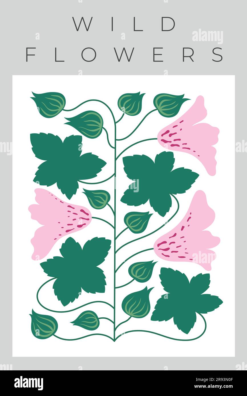 Imprimé mural vectoriel vintage avec fleurs, rose sauvage, feuilles ondulées, formes abstraites. Forme creuse simple pour timbre, bannière, carte, affiche. Illustration de Vecteur