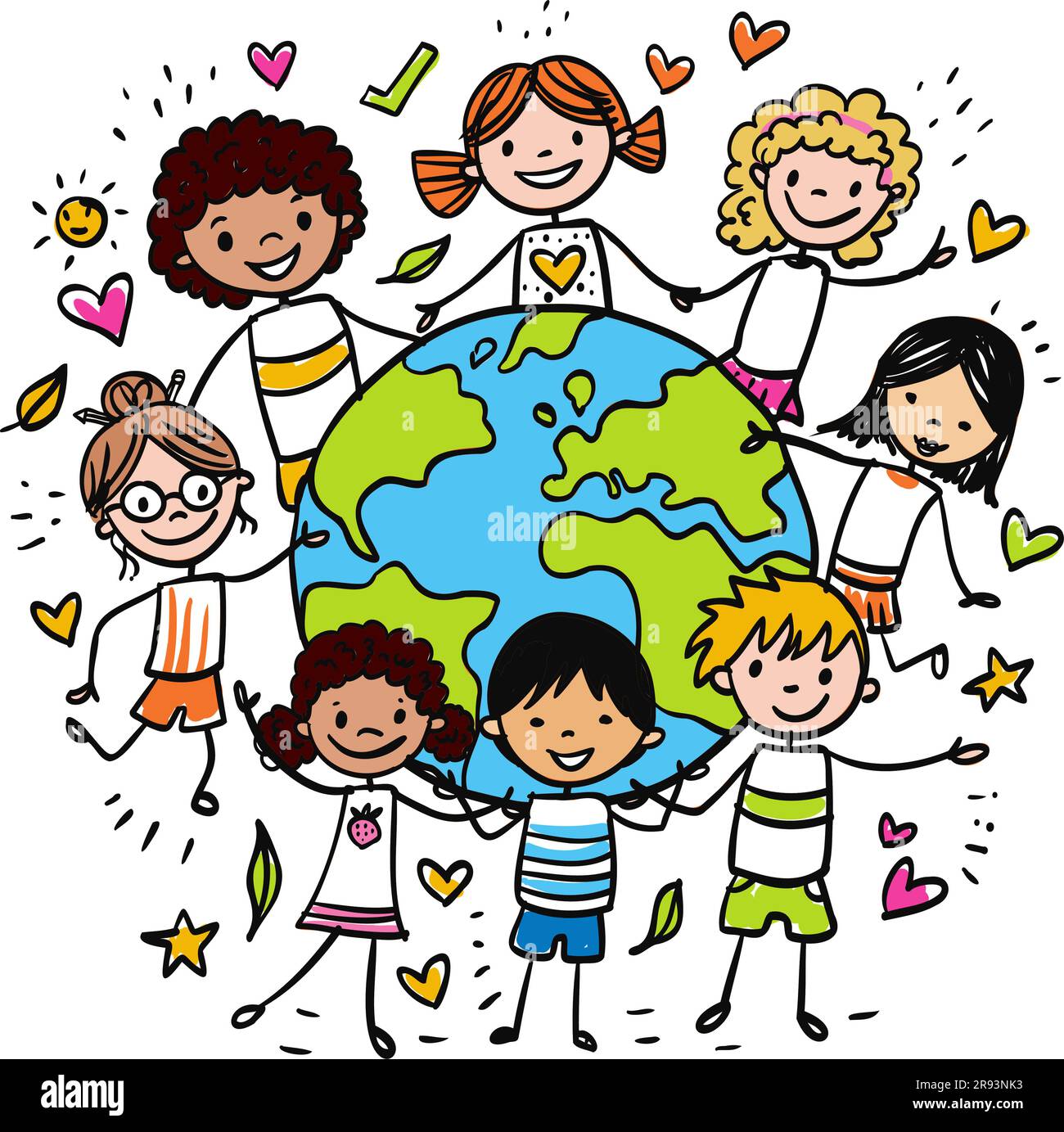 Happy Earth Day - bannière dessinée à la main avec des enfants multiethniques protégeant la terre et l'écologie de l'amour. Illustration de la note d'esquisse du vecteur de couleur montrant divers Illustration de Vecteur