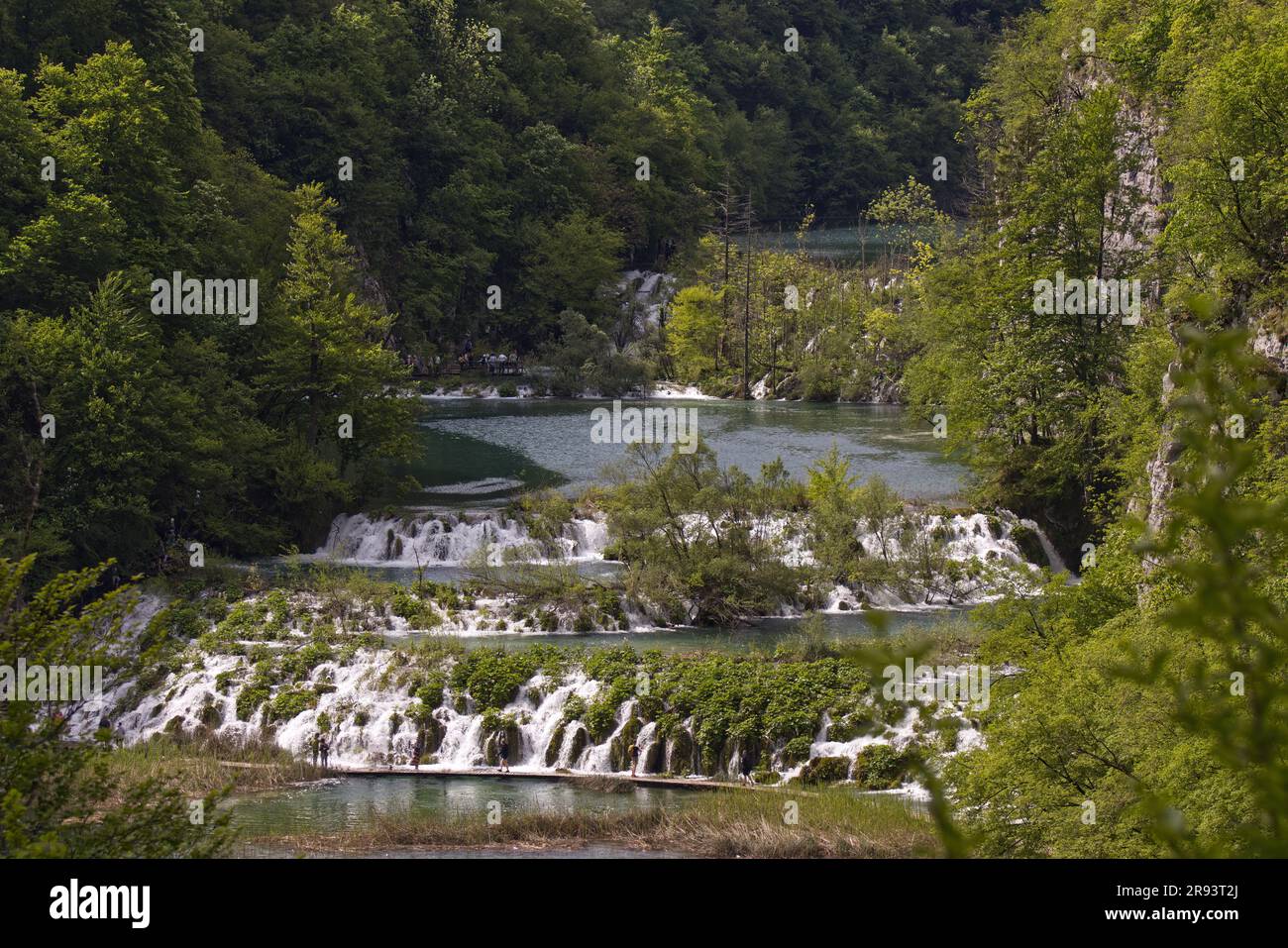 Vue panoramique des touristes lointains aux cascades de Velike Kaskade, parc national des lacs de Plitvice, Croatie Banque D'Images