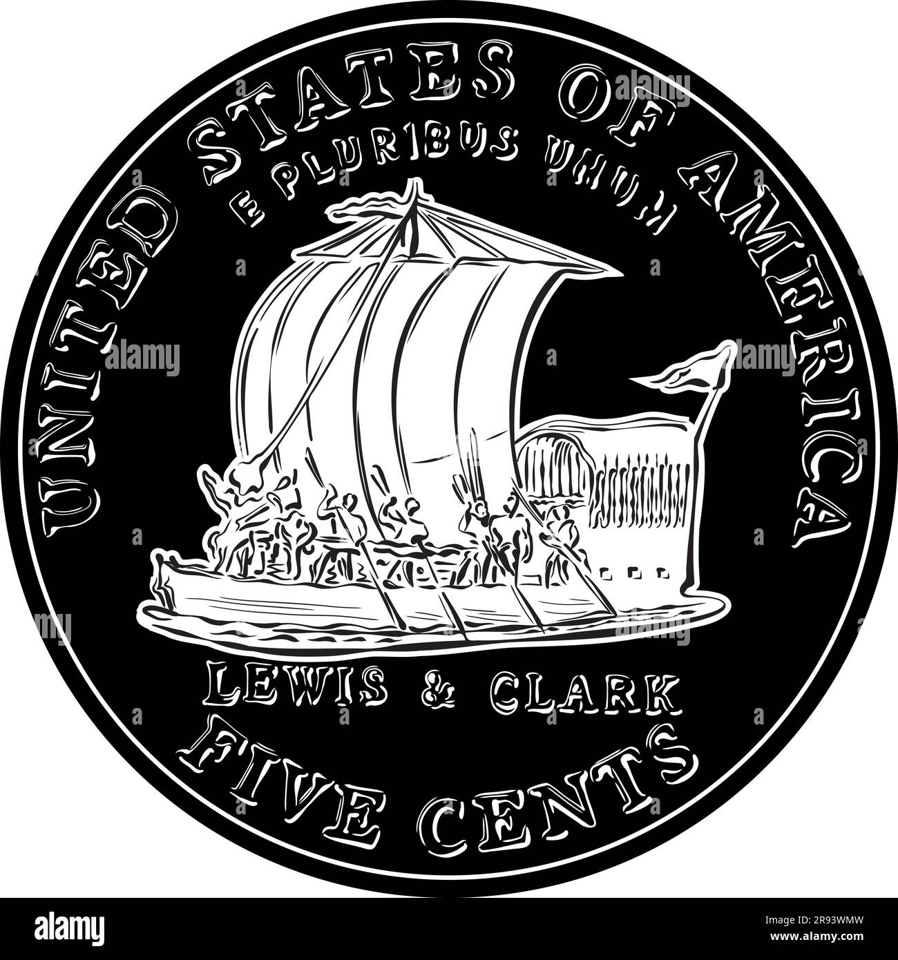 Jefferson nickel, American Money, USA pièce de cinq cents avec le bateau à quille de Lewis et Clark Expedition sur le dos. Image en noir et blanc Illustration de Vecteur