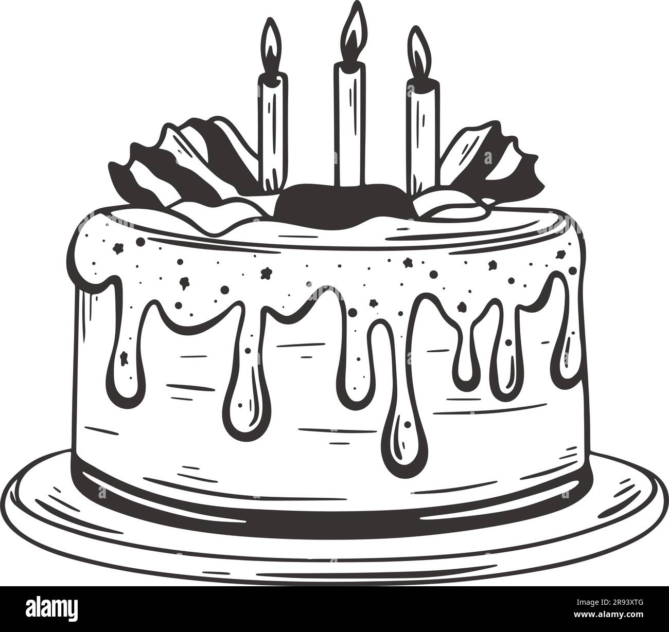 Illustration d'un gâteau d'anniversaire avec bougies dessinées à la main. Croquis à l'encre du gâteau au biscuit avec de la crème dans le glaçage. Gâteau de fête traditionnel sucré, style doodle. Illustration de Vecteur