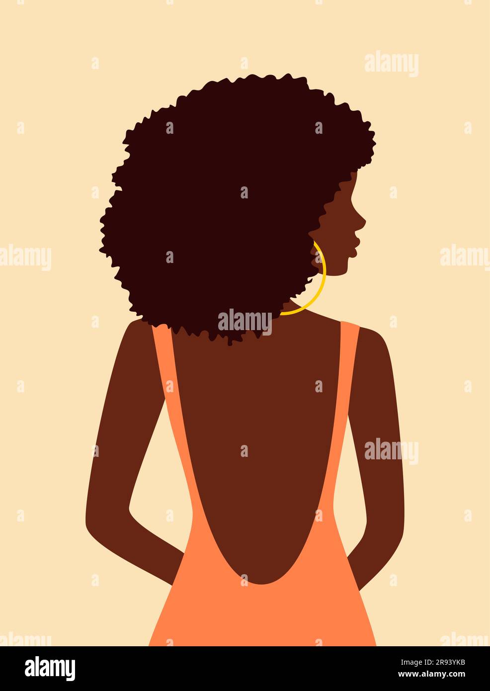 Belle femme africaine avec cheveux bouclés en robe pêche avec dos ouvert regardant par-dessus son épaule Illustration de Vecteur